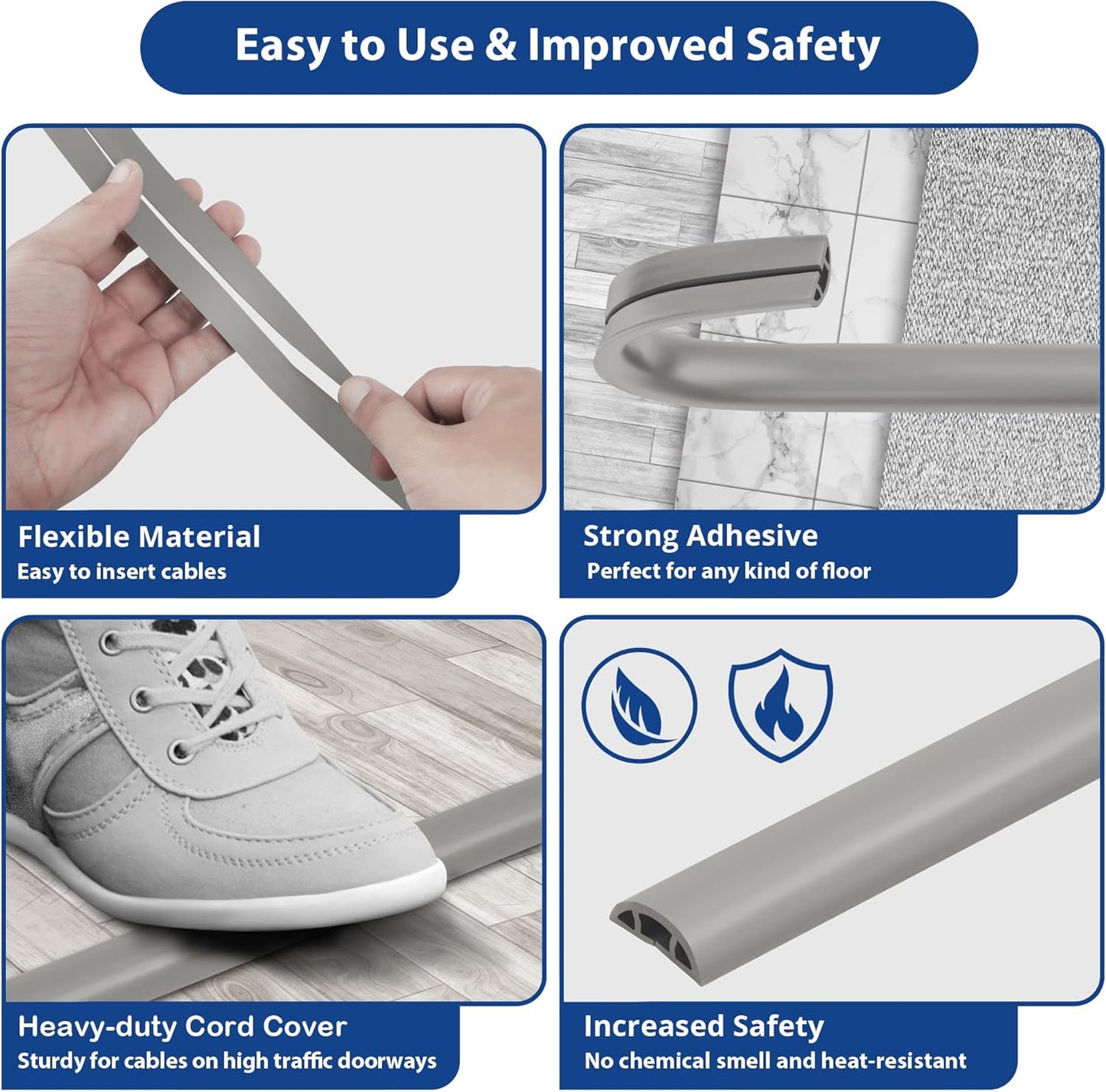 Floor Cord Cover 10ft, Cord Hider Floor Grey, Cable Management Prevent Trips, Cable Cover Wire Covers for Electric Power Cords, Wire Protector Cavity W0.47in x H0.28in