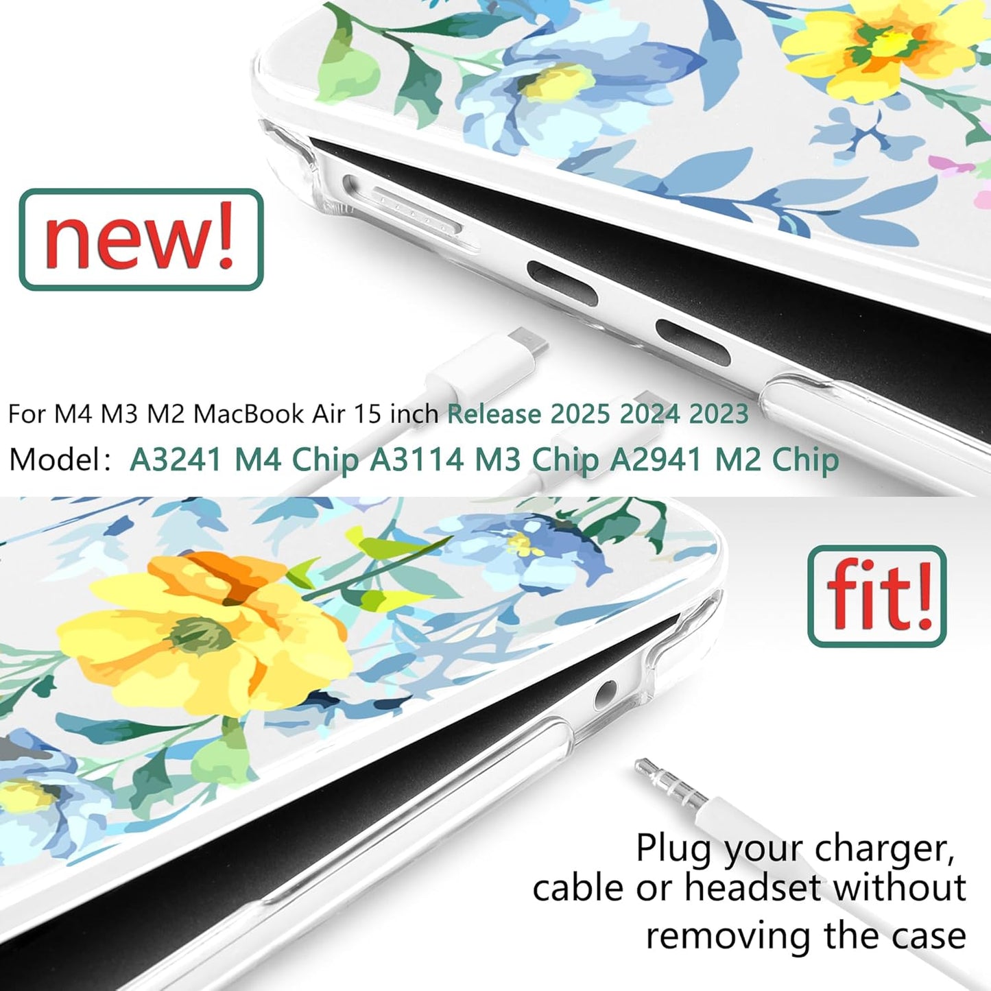 TWOLSKOO Compatible with M4 MacBook Air 15 inch Case 2025-2023 Released Model M4 A3241 M3 A3114 M2 A2941, Plastic Hard Shell & Screen Protector & Keyboard Cover & Type C Adapter, Blue Flowers