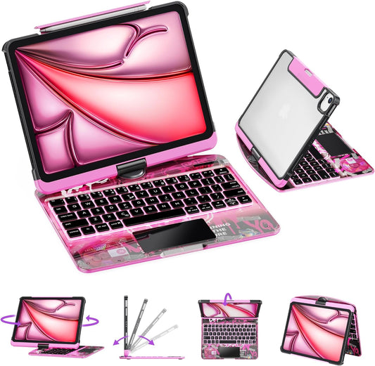 GUSGU Transparent Case with Wireless Keyboard for iPad 10.2-in (7th, 8th, and 9th Gen), 7 Colors Backlight, Trackpad, 360°Rotating Stand, Tech Style