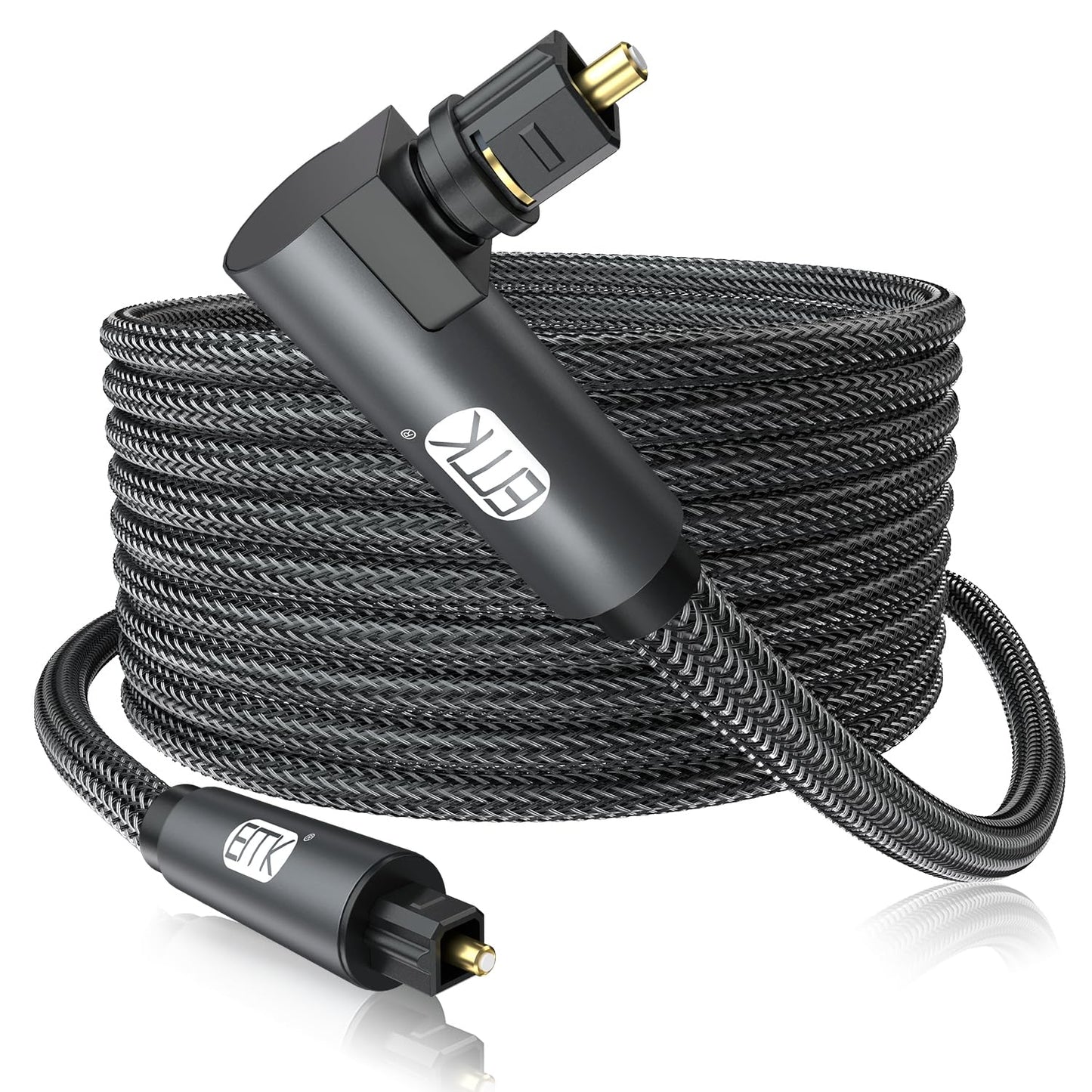 EMK 90 Degree Toslink Optical Cable 360 Degree Free-Rotating Plug Fiber Optic Cable S/PDIF Toslink Male to Male for Home Theater, Sound Bar, TV, PS4, Xbox,Grey (50ft/15m)