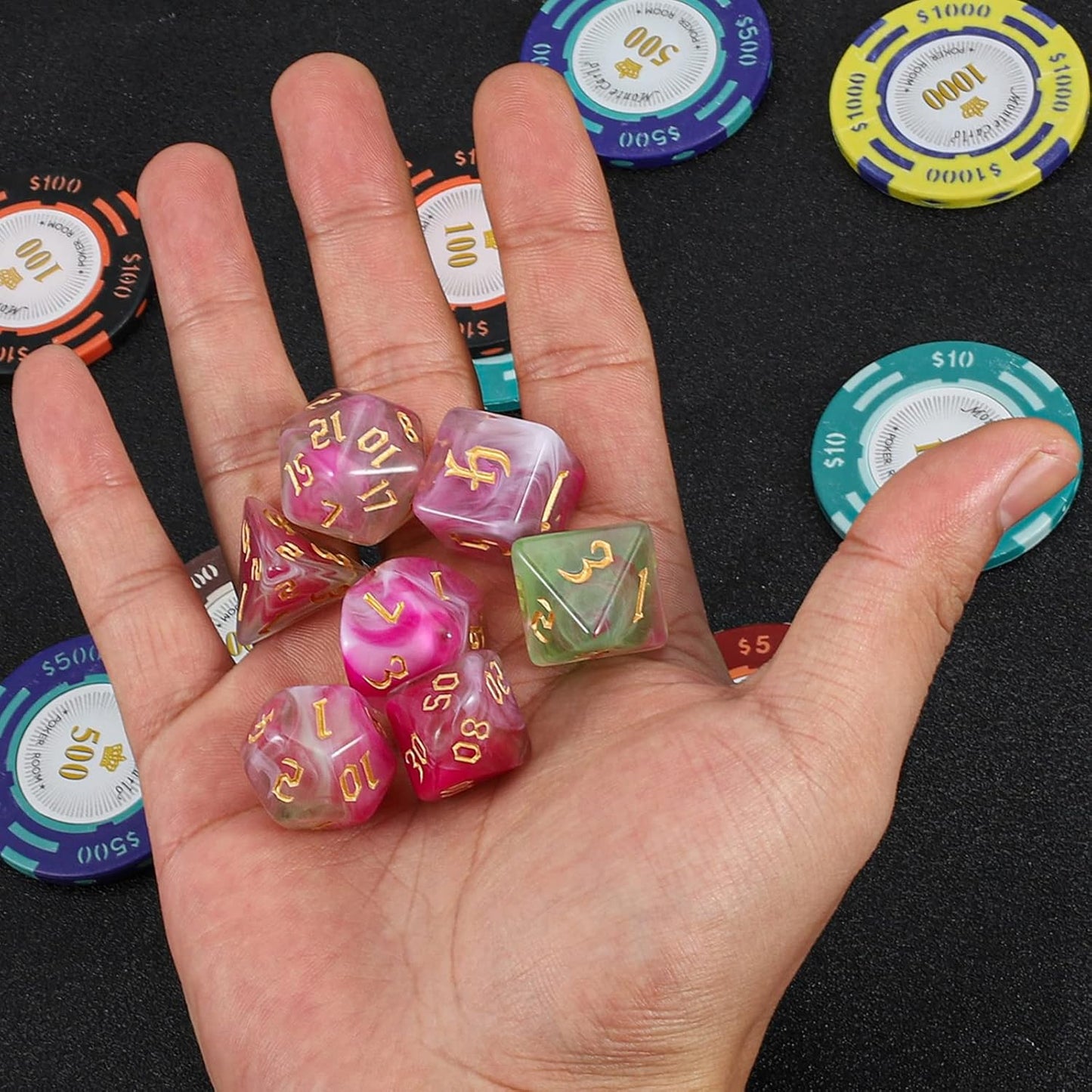 QMAY DND Dice Set -D&D Polyhedral Dice (7 Pcs) for Dungeons and Dragons (Pink Light Green)