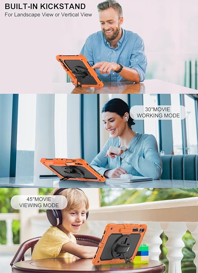 Case for Samsung Galaxy Tab S10 Plus/ S9 FE Plus/ S9 Plus 5G Tablet 12.4'', Shockproof Protective Cover with [Tempered Glass Screen Protector], Stand, Shoulder Strap & S Pen Holder (Orange)
