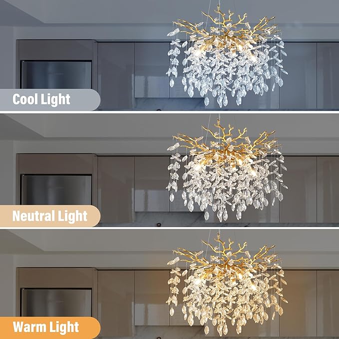 YUYI 23.6" Modern Gold Tree Branch Crystal Chandelier, 8-Light Round Raindrop Pendant Lighting for Dining Room Living Room Bedroom Kitchen Foyer Entryway, Luxury K9 Crystal Statement Light Fixture
