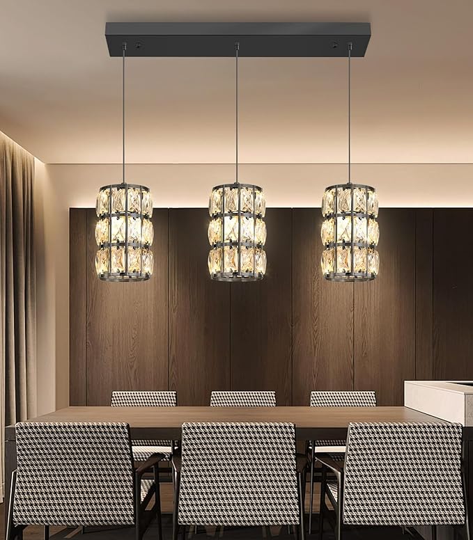 3-Lights Rectangle Modern Crystal Pendant Lights for Kitchen Island LED Dimmable Glam Pendant Lighting Chandelier for Dining Room Hallway Corner Lamp Black