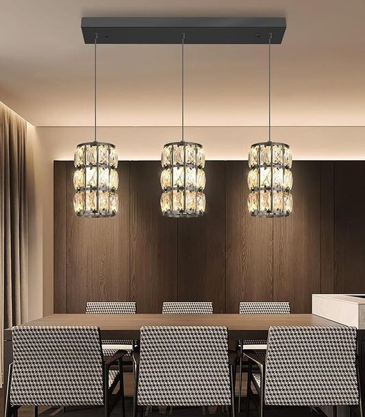 3-Lights Rectangle Modern Crystal Pendant Lights for Kitchen Island LED Dimmable Glam Pendant Lighting Chandelier for Dining Room Hallway Corner Lamp Black