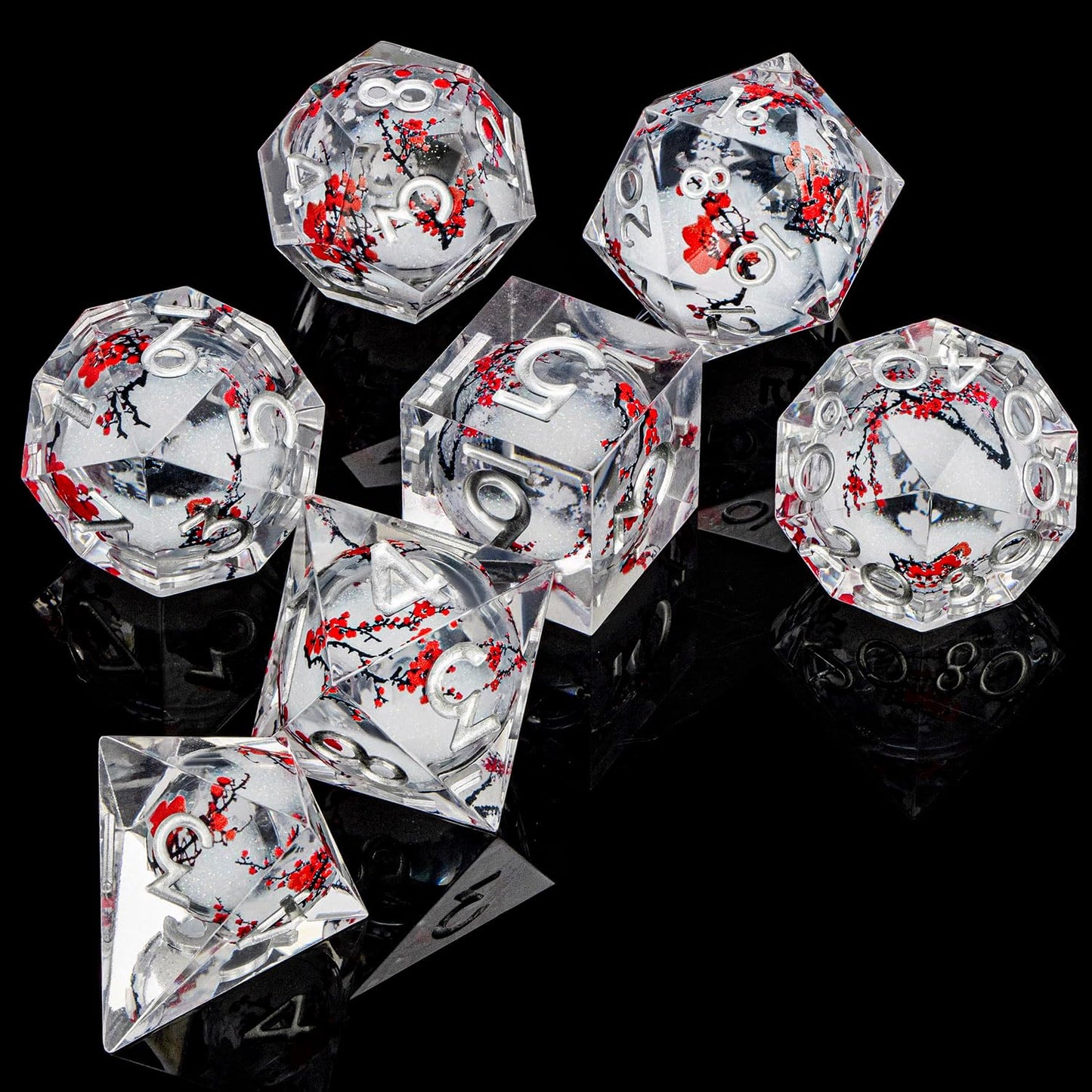 ARUOHHA DND Resin Dice Plum Blossom Liquid Core White Sharp Edge Dragons Polyhedral Dice Set with Gift Box, Compatible with D&D Role Playing Game Dungeons D and D Dice Set D20 D12 D10 D6
