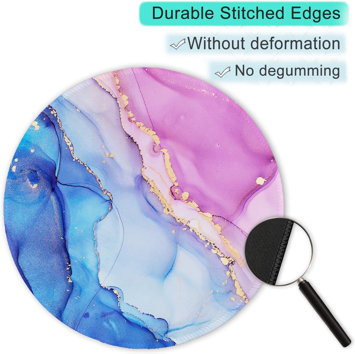 ITNRSIIET Round Mouse Pad with Stitched Edge Premium-Textured Waterproof Non-Slip Rubber Base Desktop Protection Mat Diameter 8.7 inches, Blue Purple Marble Art
