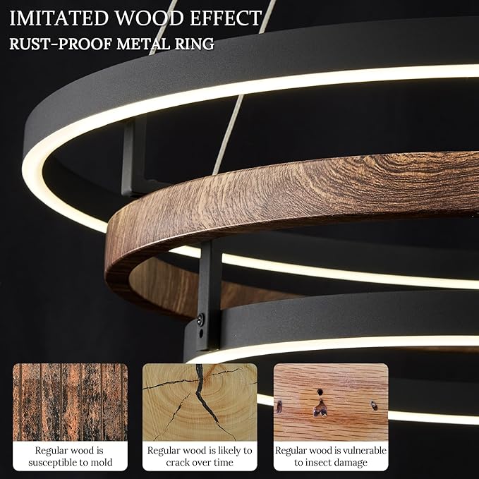 3 Ring LED Chandelier Black Round Chandelier Light Fixture Dimmable Farmhouse Foyer Chandeliers Light Wood-Printed Circular Chandeliers for Dining Room Entry Bedroom Office Living Room 24in