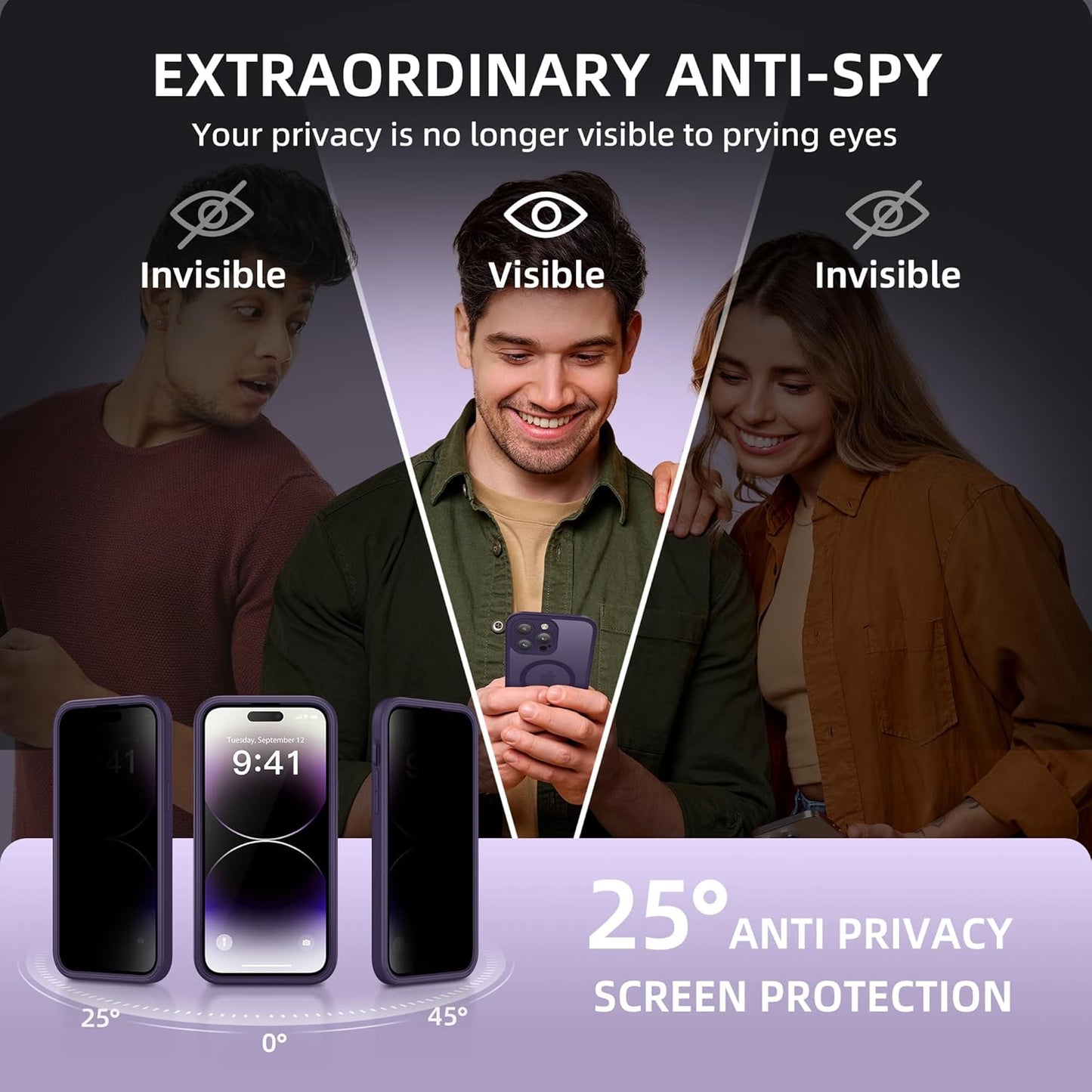 BERFY Magnetic for iPhone 14 Pro Max Case, Compatible with MagSafe,Built-in Privacy Screen Protector and Upgraded Camera Protection,Anti-Spy Full Body Shockproof Phone Case for 14 Pro Max 6.7", Purple