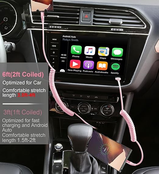 Coiled USB A to USB C Cable for Car [2-Pack, 6ft], USB Type C Cable Fast Charging, iPhone USB-C Charger Cable Compatible with iPhone 17/16/15/Plus/Pro/Pro Max/Samsung Galaxy A10e A20 A50 S20 S10E-Pink