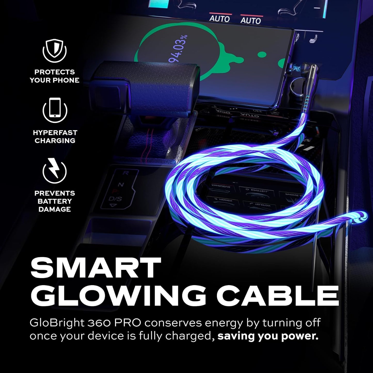 Statik 360 Pro Magnetic Charging Cable - Type C Charger Fast Charging 3 in 1 USB C to USB C Cable, Micro USB & iProduct Tips, USB A Adapter, Fits All Devices - 100W Fast Charger, GloBright 3FT/1M