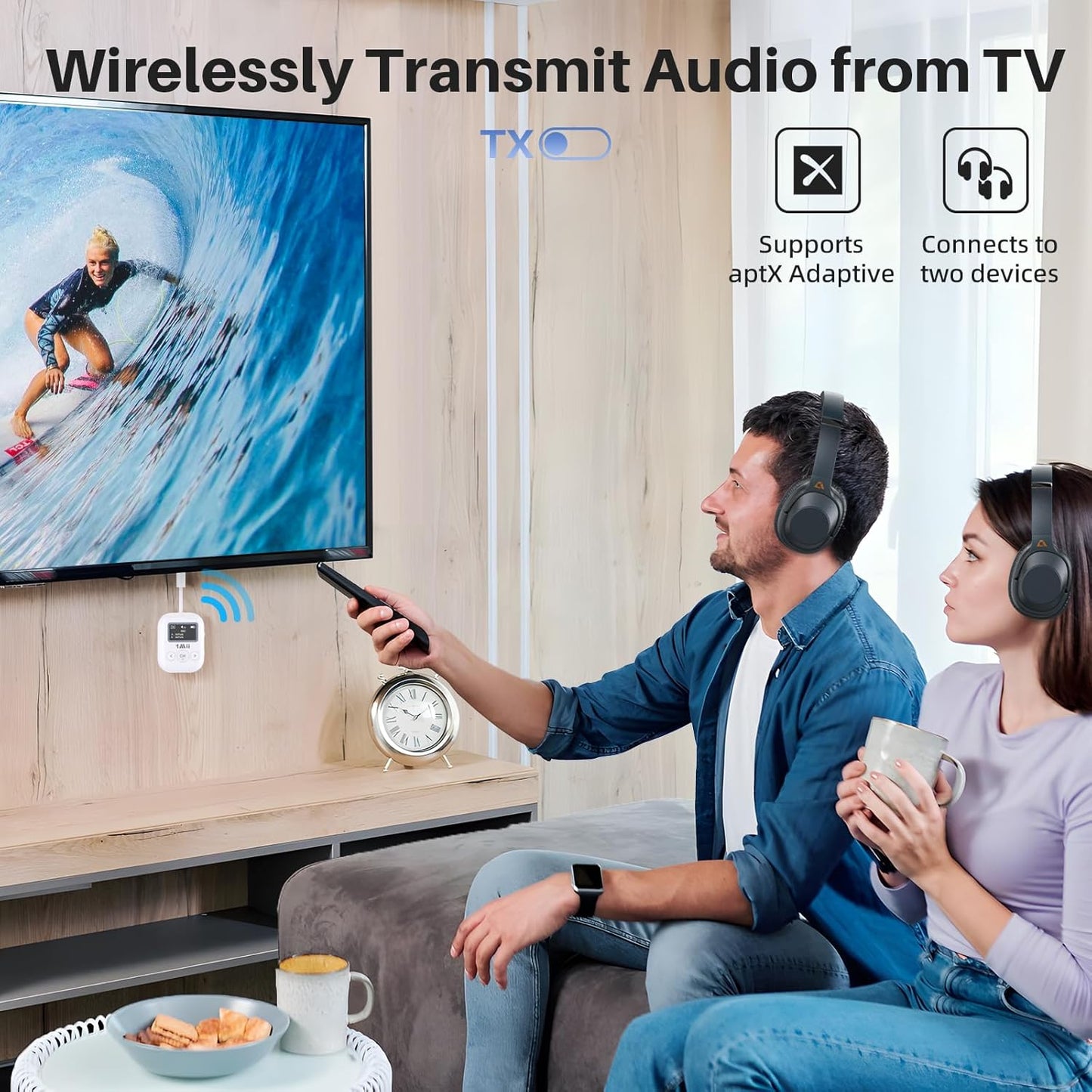 1Mii SafeFly Min+ Bluetooth Transmitter and Receiver,Bluetooth Adapter for Airplane, Supports to 2 AirPods/Headphones,Use with Any 3.5mm Jack on Airplanes, Gym, TVs, Car, Home, Boat(White)