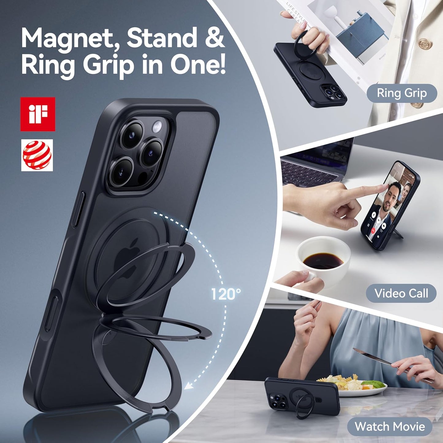 CASEKOO Designed for iPhone 16 Pro Case with Magnetic Invisible Stand [Military Drop Protection] [Compatible with MagSafe] Shockproof Slim Matte Translucent Case 6.3 Inch, Black