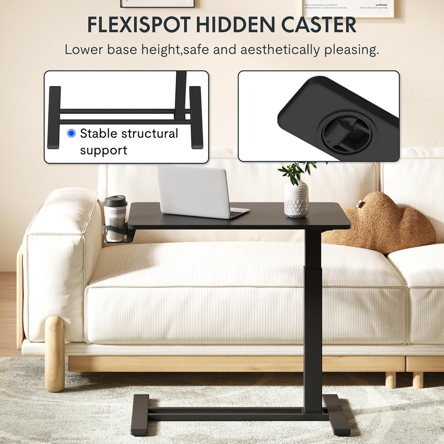 FLEXISPOT H7 Adjustable Overbed Bedside Table with Wheels Pneumatic Mobile Standing Desk Laptop Desk Rolling Computer Cart Movable Overbed Table Hospital Home Use(31.5" W x 17.7" D, Black Large)