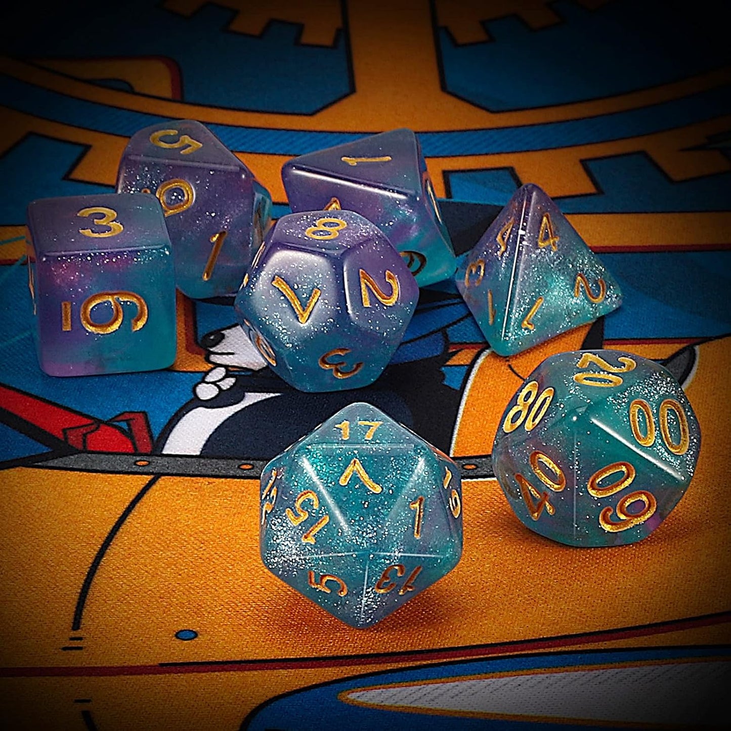 QMAY DND Dice Set -D&D Polyhedral Dice (7 Pcs) for Dungeons and Dragons (Purple Light Blue Glitter)