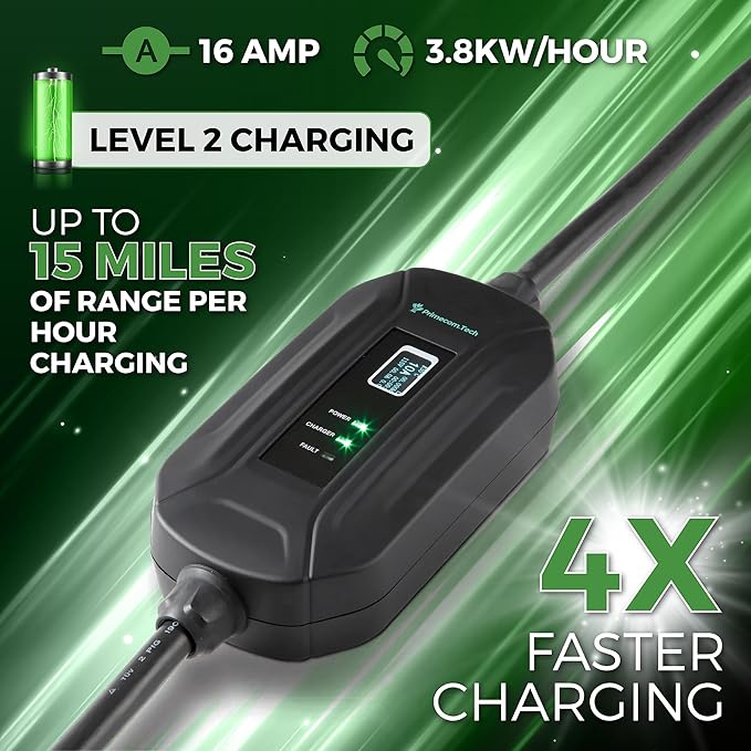 PRIMECOM Level 2 Electric Vehicle (EV) Charger (220V / 240Volt, 16Amp) Portable EVSE Smart Electric Car Charger, 30', 40', and 50 Feet Lengths (NEMA 6-30P, 35 Feet)