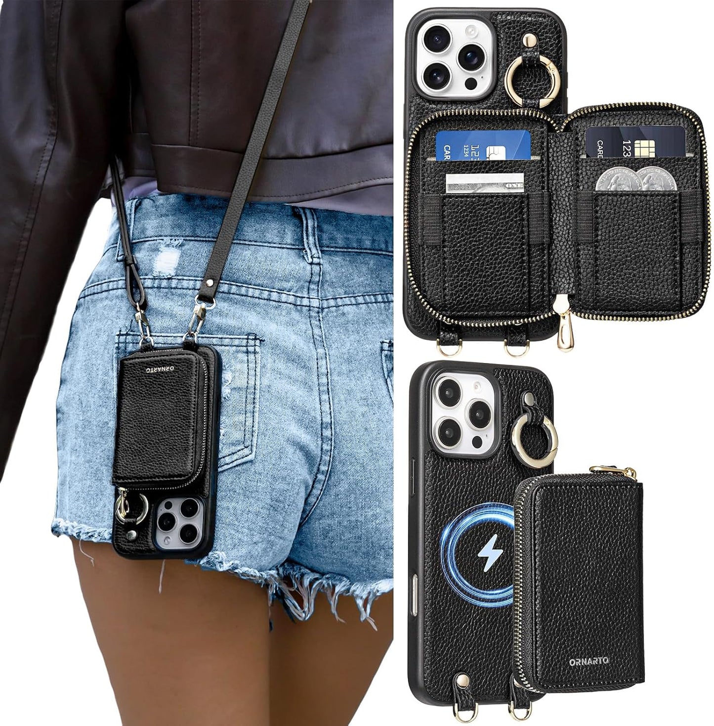 ORNARTO Magnetic Detachable Wallet Case for iPhone 16 Pro, [Compatible with MagSafe], Crossbody Wallet Case with Card Holder Wrist Strap, RFID Blocking PU Leather Wallet Phone Cover 6.3", Black
