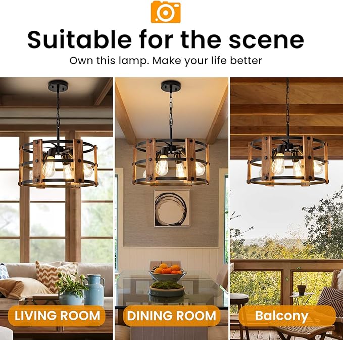 Rustic Farmhouse Chandelier, 4 Lights Pendant Light Fixture, Adjustable Height, Brown Vintage Wood Hanging Pendant Lighting for Entryway Kitchen Island Foyer Dining Room Living Room Bedroom
