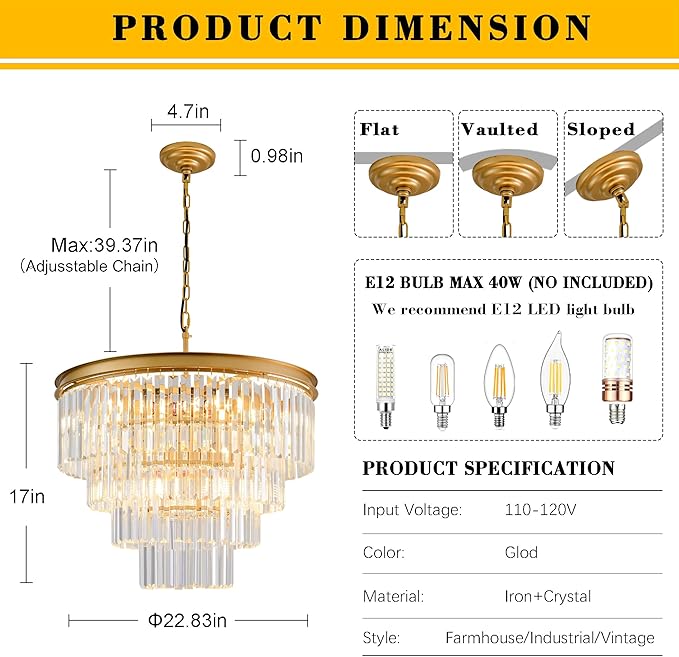 Gold Crystal Chandelier 10-Lights 22.9" Crystal Pendant Lights 4-Tier Luxury K9 Ceiling Hanging Dining Room Light Fixture for Hallway Living Room Bedroom Kitchen Island Entryway Stairway Office