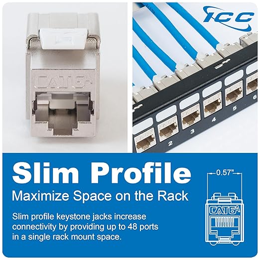 ICC Shielded FTP CAT6A Keystone Jack with Slim Profile 180 Degree Punch Down, 10Gbps RJ45 UL Listed PoE++ TAA Compliant for Wall Plate or Patch Panel, Works with JackEasy Termination Tool, 10 Pack