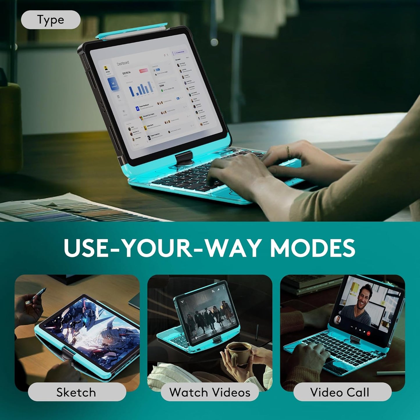 GUSGU Transparent Case with Wireless Keyboard only for 2024 iPad Pro 11-in.(M4), 7 Colors Backlight, Trackpad, 360°Rotating Stand for iPad Pro 11(5th Gen), Tech Style