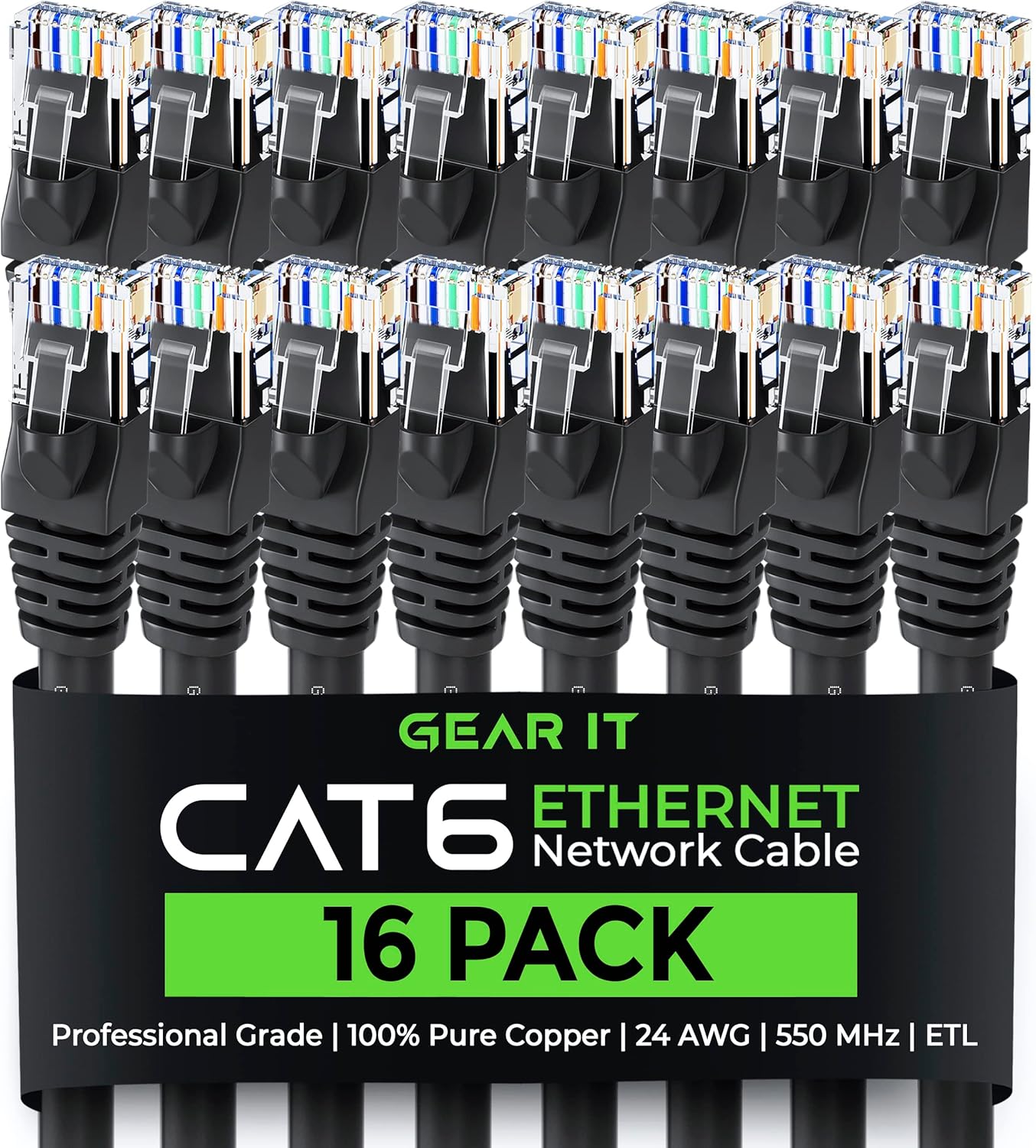 GEARit Cat 6 Ethernet Cable (16-Pack 1 Foot) Cat6 Network Patch, 10Gbps, RJ45, Snagless Cord, Gold-Plated Connectors, Internet for PC, TV, Tablet, Router, Printer, Servers, IT Data Center - Black