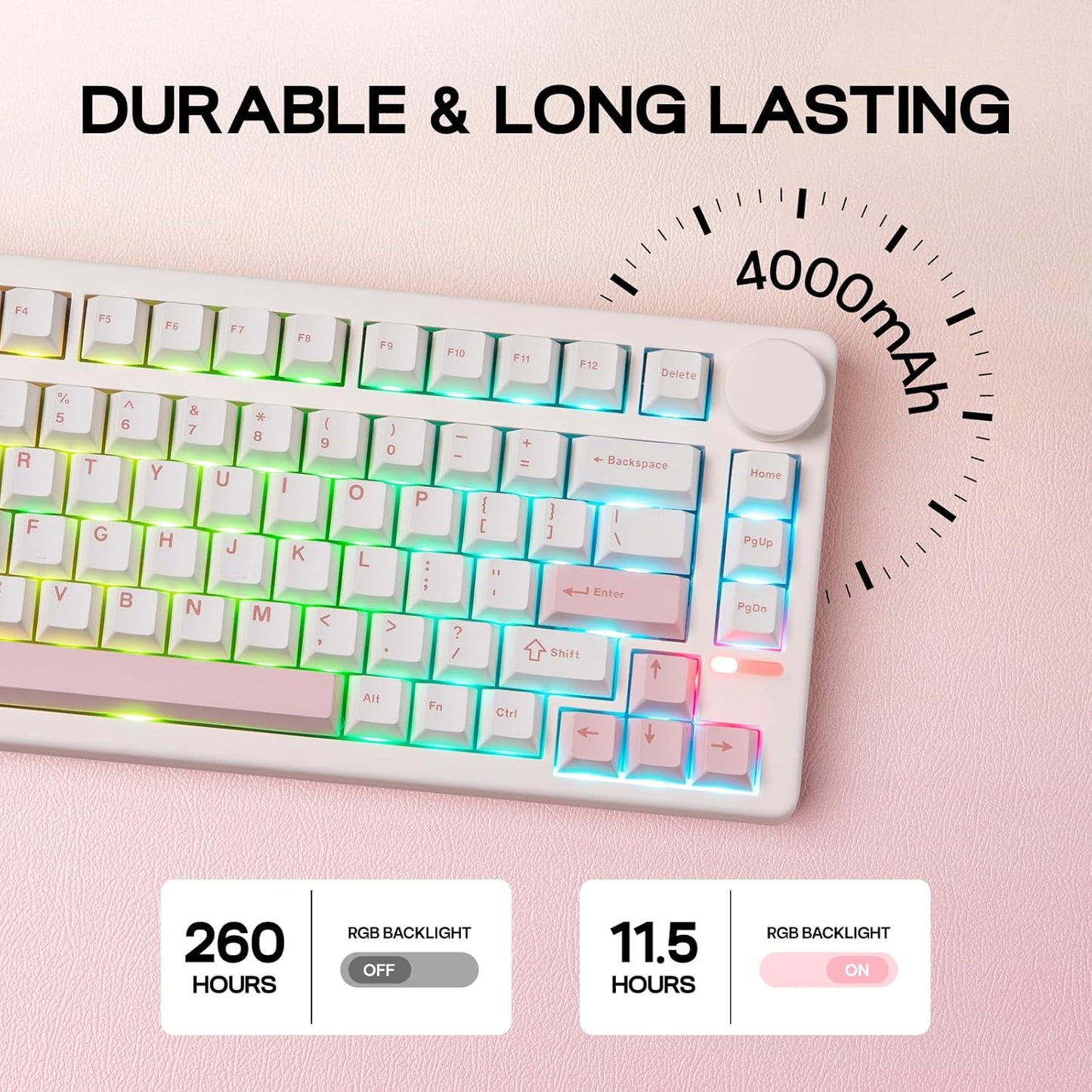 EPOMAKER QK81 75% Wireless Mechanical Gaming Keyboard, QMK/VIA Programmable and Hot-Swappable, 81 Keys with Metal Knob, 2.4Ghz/BT/USB, Creamy Gasket-Mount, RGB Backlight (White, Flamingo Switch)