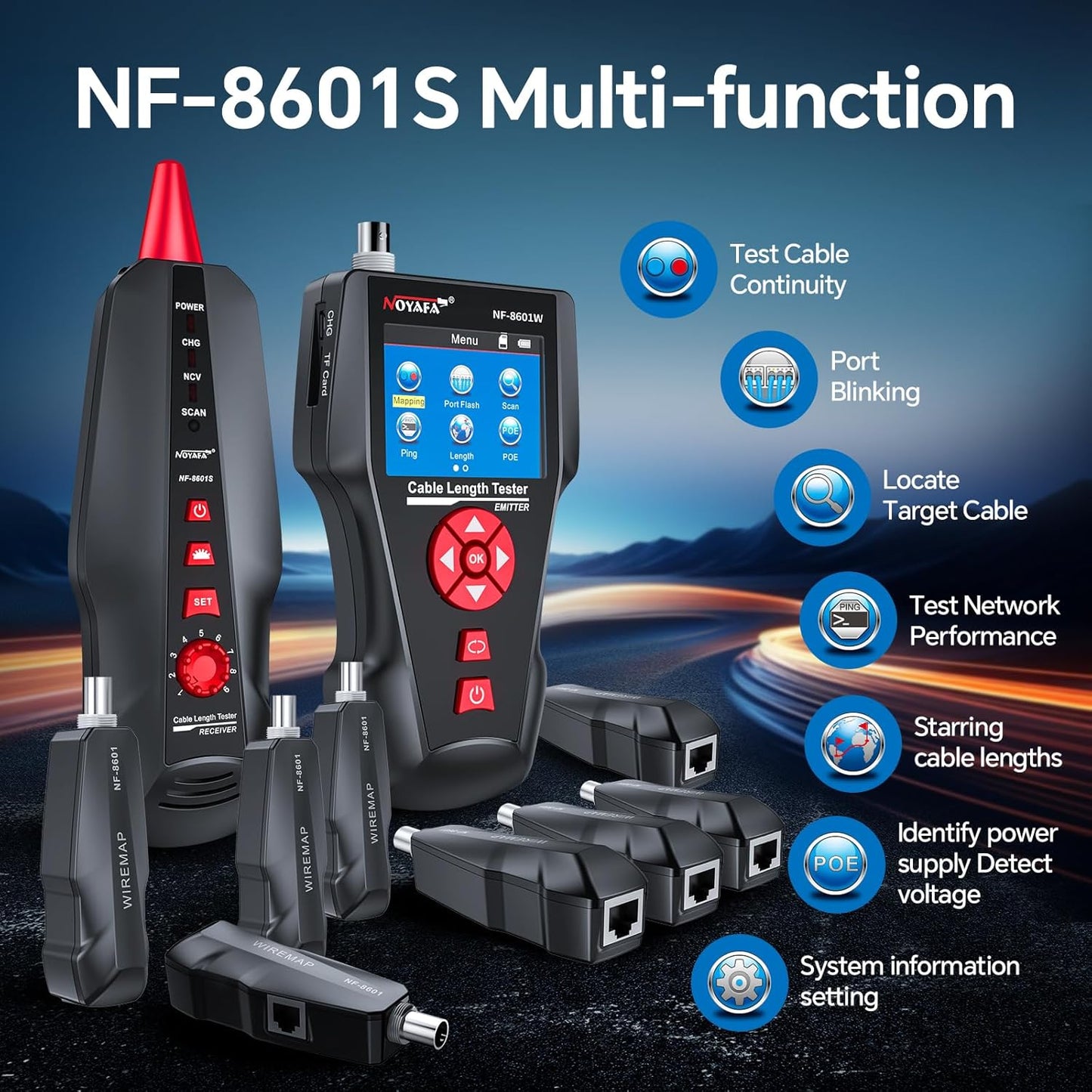 NOYAFA NF-8601W Network Cable Tester,LAN Ethernet Cable Tester RJ45 UTP STP Diagnose Tone Tracer Network Cable Length Tester for RJ45, RJ11, BNC, PING/POE 8 Identifier Telephone Wire Tracker