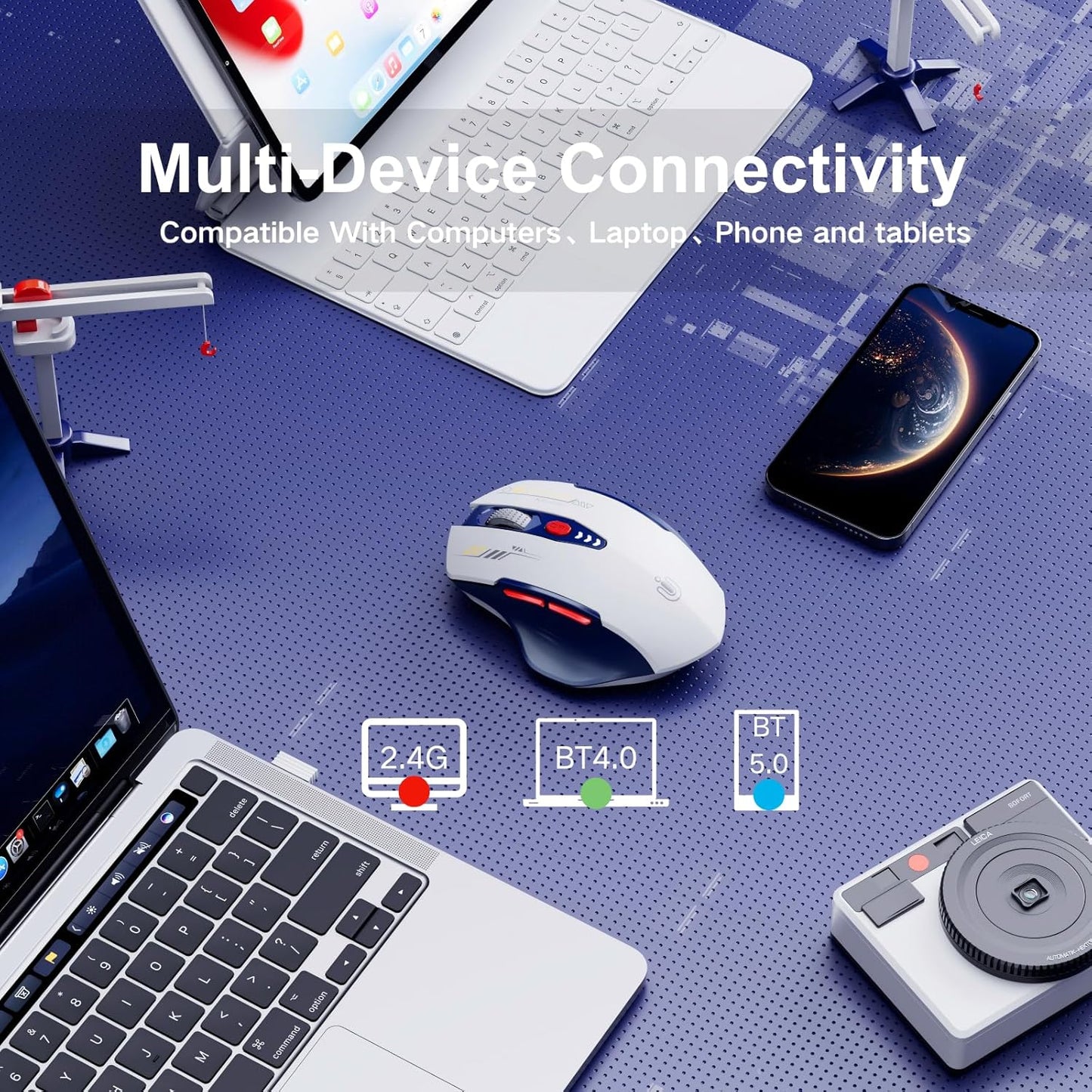 Bluetooth Mouse,[Upgraded] Multi-Device Wireless Mouse Rechargeable,Visible Battery Level,Tri-Mode (BT 5.0/4.0+2.4G Hz), 4 Adjustable DPI,Coldless Mice for Laptop and PC,Bluewhite