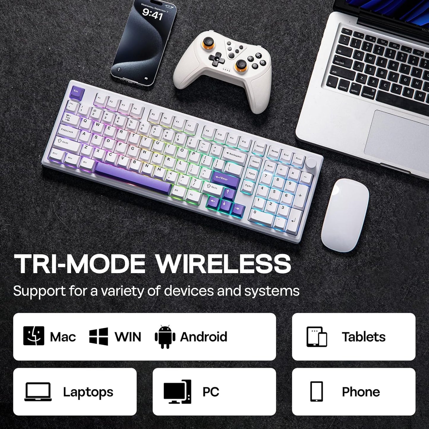 EPOMAKER Galaxy100 QMK/VIA Wireless Mechanical Keyboard with 8000mAh Battery and Numpad, CNC Aluminum, Full Size Gaming Keyboard, USB-C/BT5.0/2.4Ghz (White Purple, Marble White Switch)