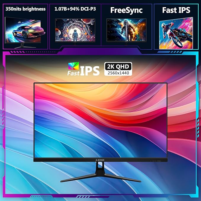 Z-Edge 27-inch Gaming Monitor QHD 2560 x 1440 2K, 180Hz Refresh Rate, 1ms MPRT, UG27QF Fast IPS Computer Monitor with Crosshair, HDMI 2.0x2, DP 1.4x2