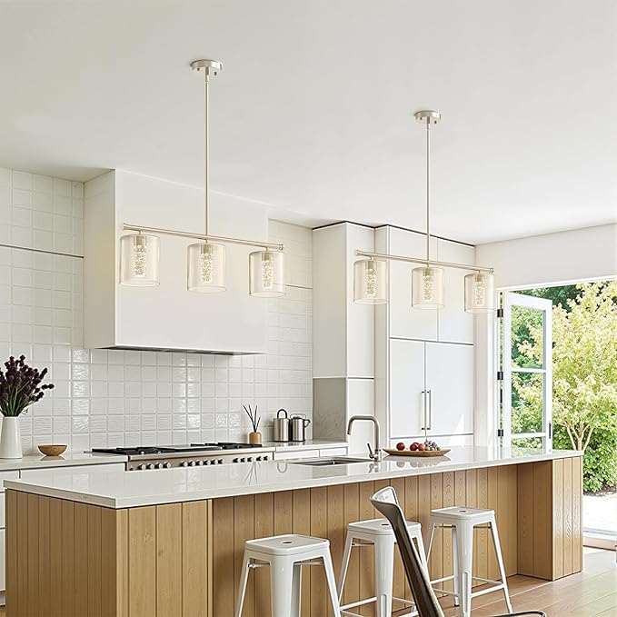 DORESshop 3-Light Chandelier for Dining Room Light Fixture Over Table, 31.3" Modern Brushed Nickel Chandelier with Glass Shades, Adjustable Hanging Pendant Lights Kitchen Island with Remote, 3CCT