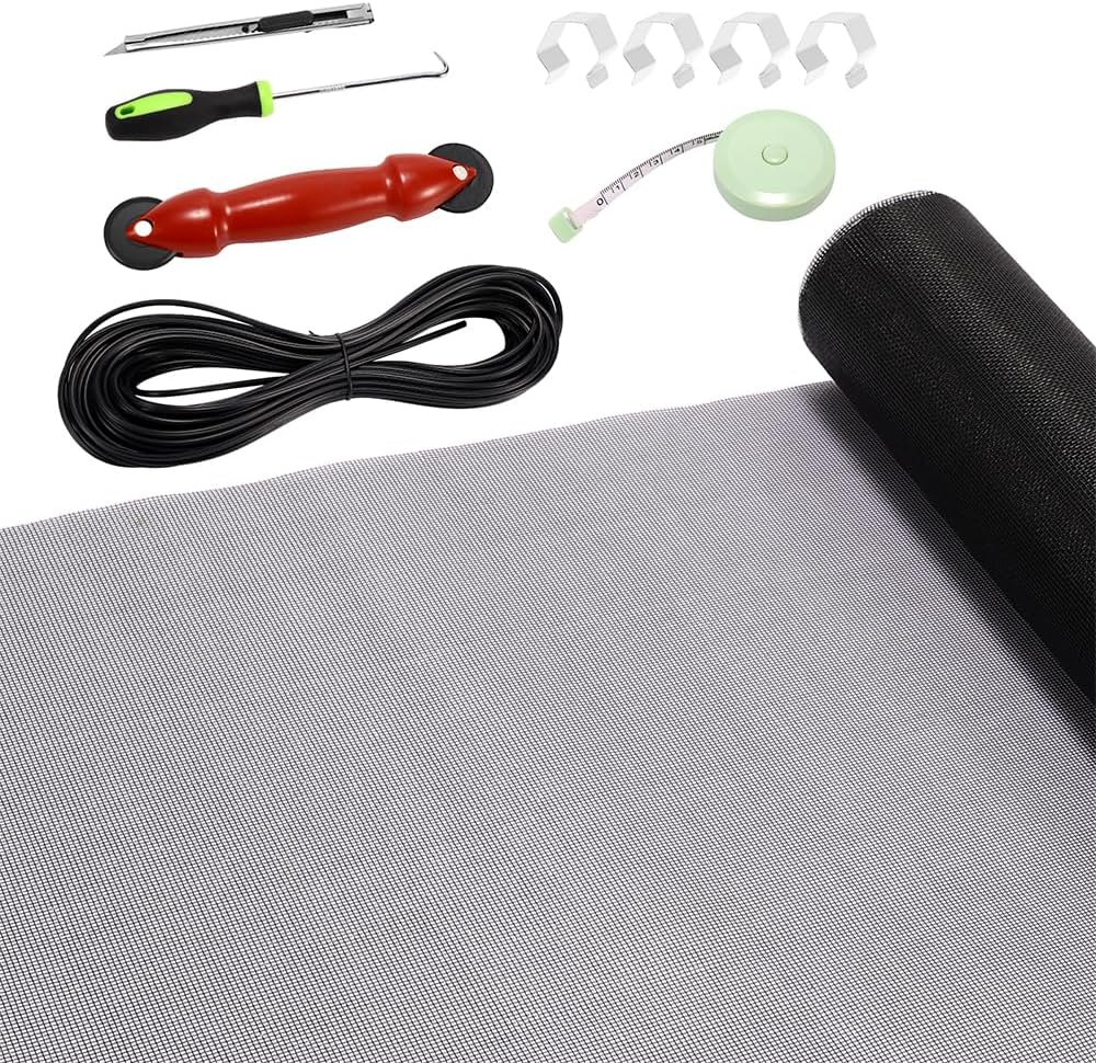 FLYZZZ Windows Screen Door Repair Kit Fiberglass Mesh 48''x197'' Black Window Screen Repair Kit Replacement Mesh Tool for Patio Screen Sliding Door Screen (Black, 48X197'')