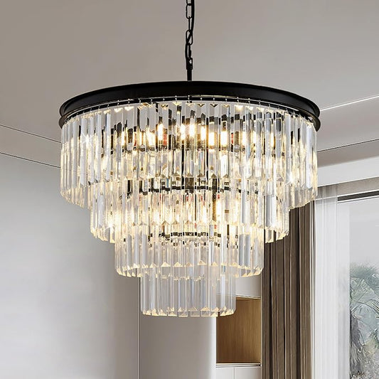22.8" Crystal Chandelier Lights 10-Light K9 Crystal Pendant Light 4-Tier Black Luxury Crystal Hanging Light Fixture for Dining Room Living Room Kitchen Bedroom Stairway