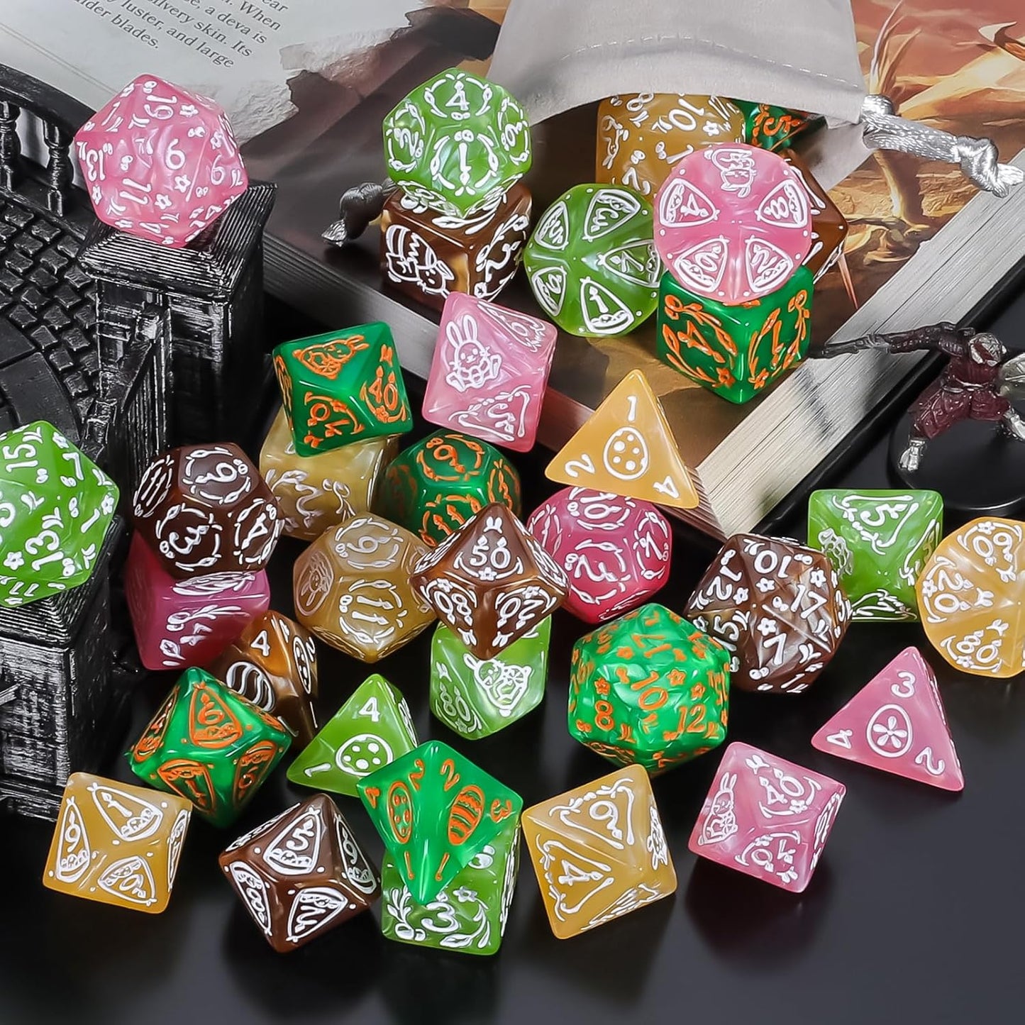 CiaraQ Polyhedral Dice Set, 5 Colors with 5 Decorative Pouches, 7 Pieces per Set, Fantasy RPG Gaming Dice/DND Dice/Role Playing Dice, Easter Themed
