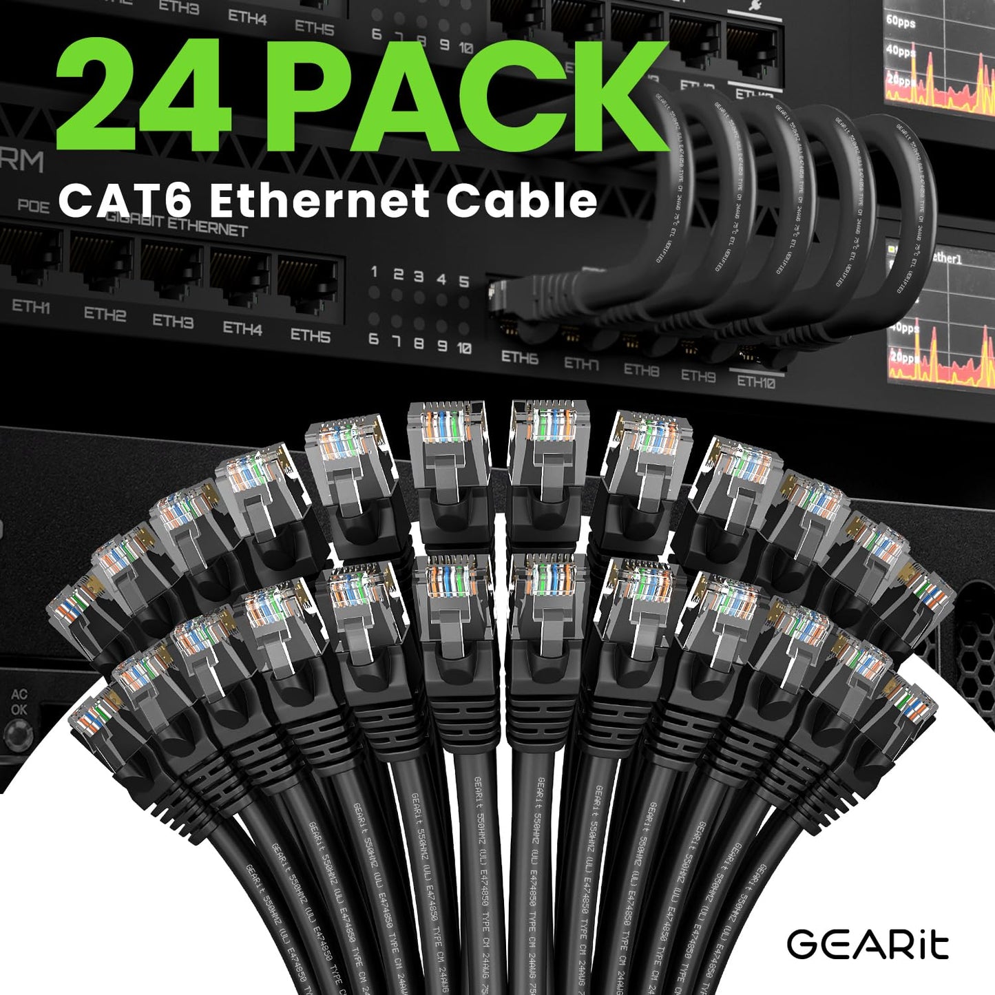 GearIT Cat 6 Ethernet Cable Pack - 24-Pack 1.5 ft Cat6 Ethernet Patch Cables | RJ45 Network Patch Cable, 10 Gbps Snagless Gold-Plated Connectors - Ethernet Cable Cat 6 for PC, TV, Router - Black