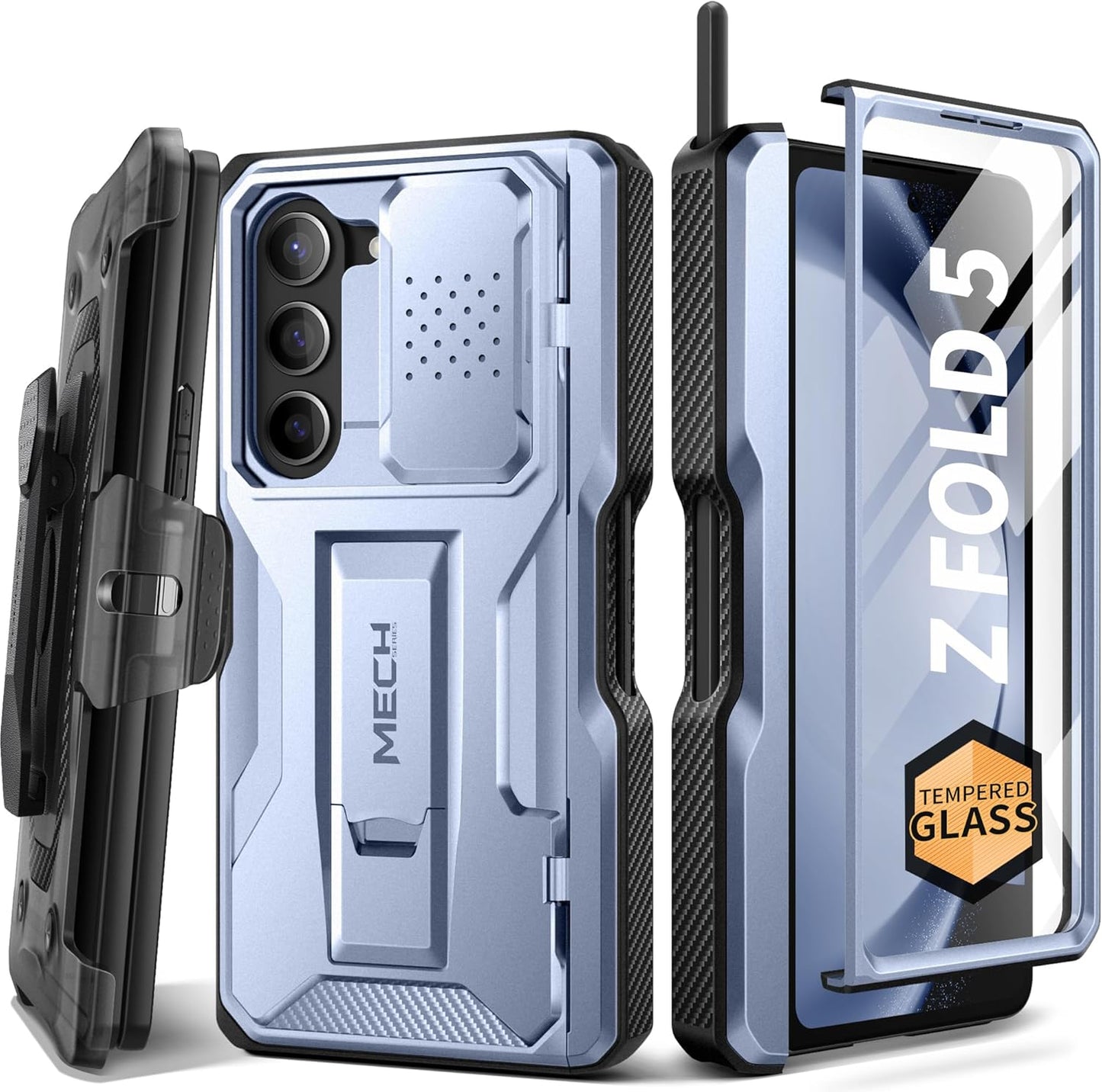TONGATE for Z Fold 5 Case, [with S Pen Slot & Hinge Protection] [Tempered Glass Screen Protector] Full-Body Military Drop Phone Case for Samsung Galaxy Z Fold 5 with Kickstand & Belt Clip, ICY Blue