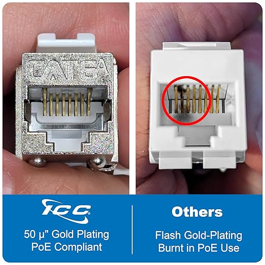 ICC Shielded FTP CAT6A Keystone Jack with Slim Profile 180 Degree Punch Down, 10Gbps RJ45 UL Listed PoE++ TAA Compliant for Wall Plate or Patch Panel, Works with JackEasy Termination Tool, 10 Pack