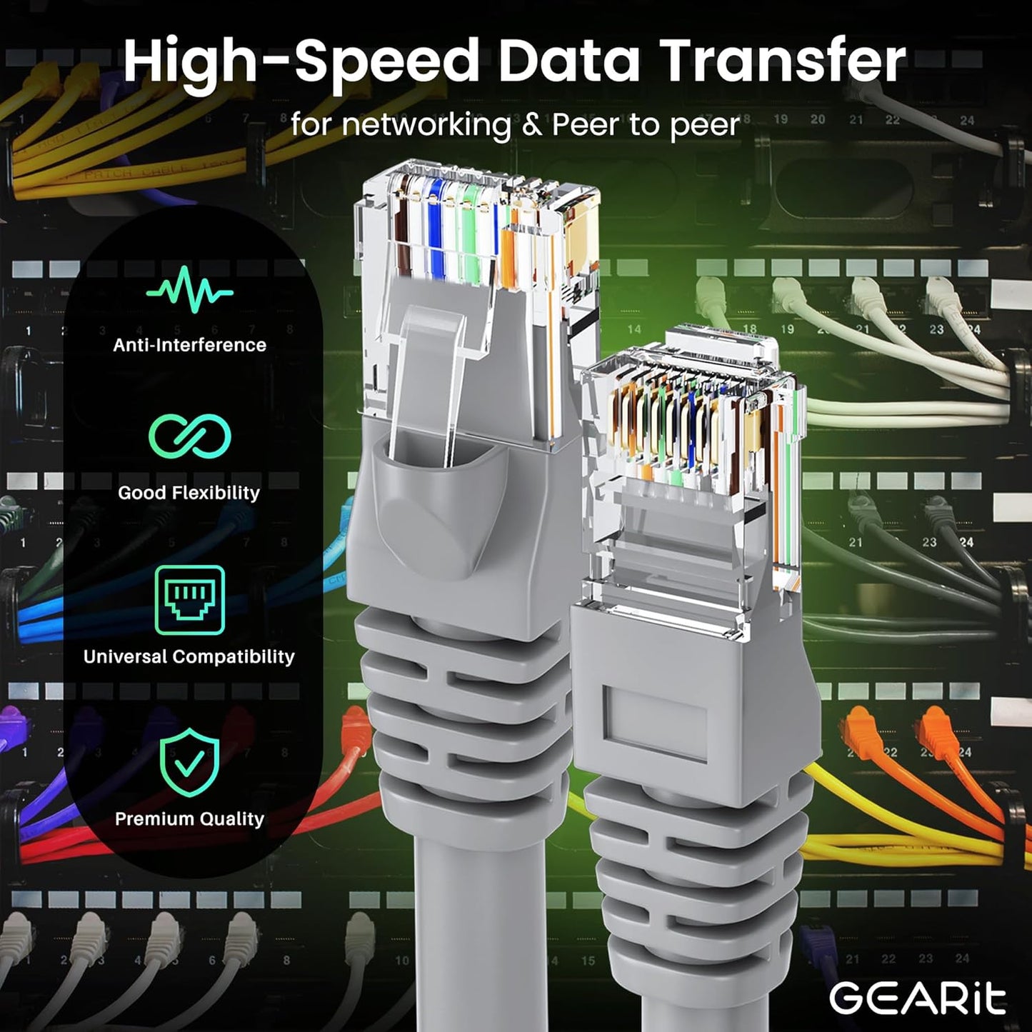 GEARit Cat 6 Ethernet Cable (5-Pack 3 Feet) Cat6 Network Patch, 10Gbps, RJ45, Snagless Cord, Gold-Plated Connectors, Internet for PC, TV, Tablet, Router, Printer, Servers, IT Data Center - Gray