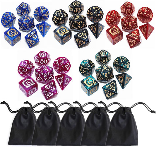 Polyhedral DND Dice Set, 5 Pack Vintage Dragon-Patterned Dice Sets Compatible with Dungeons and Dragons D&D RPG Games,35 Pieces (5 Colors with Black)