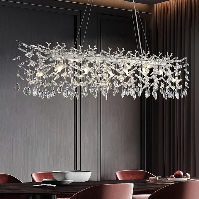 YUYI 47" Silver Crystal Chandelier, 14-Light Modern Tree Branch Chandelier, Luxury Rectangular K9 Crystal Raindrop Chandeliers for Dining Room, Kitchen Island, Living Room, Contemporary Light Fixture