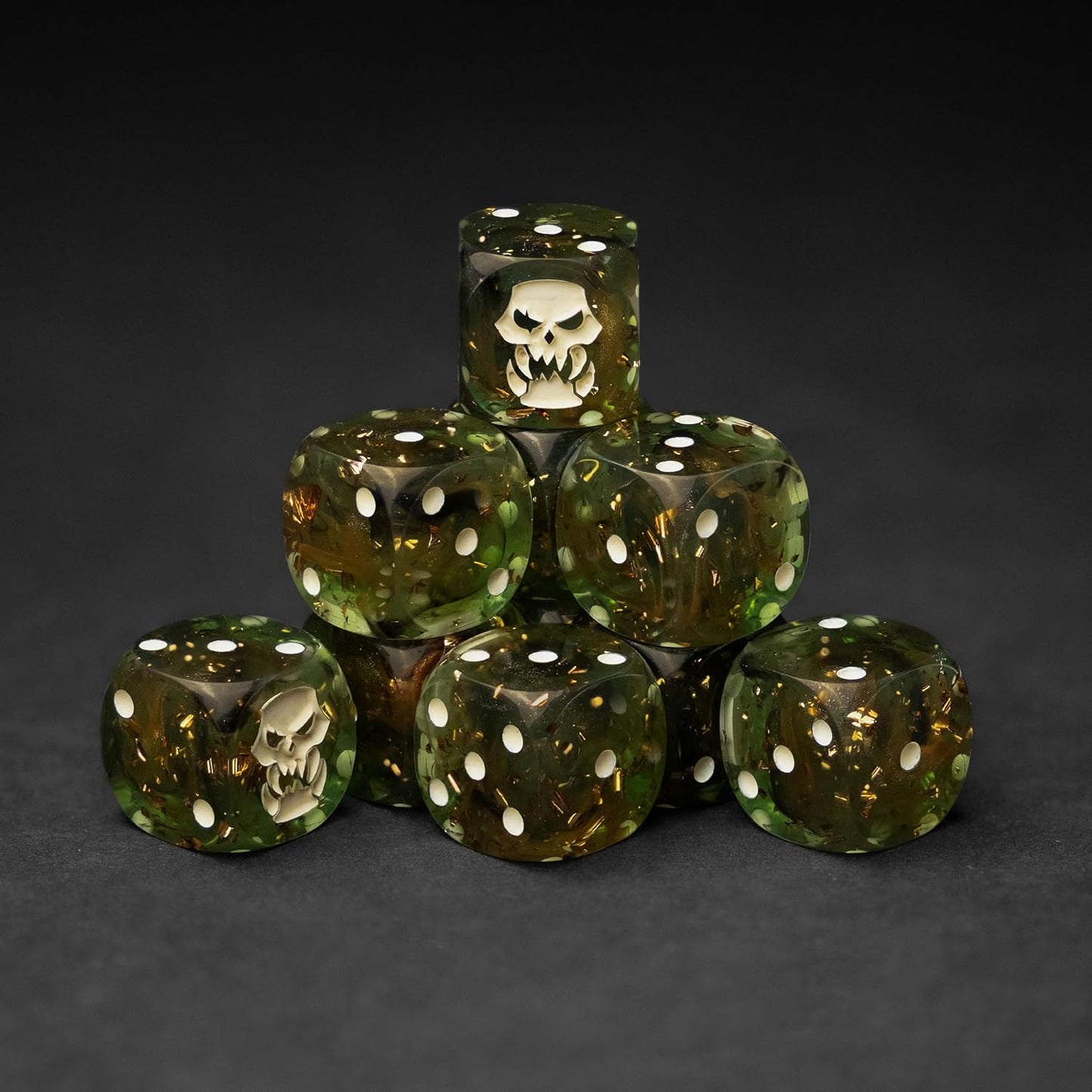 Orc D6 Dice Set – 10 x 16mm Resin Dice with Savage Skull Emblem | Dark Green Wargaming Dice for RPG & Tabletop Battles