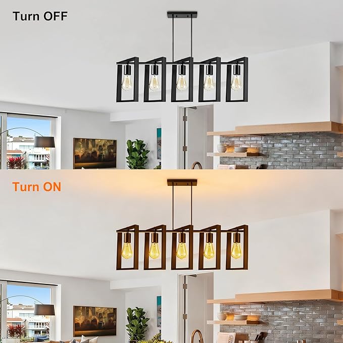 5-Light Island Lights for Kitchen, Rectangular Black Metal Kitchen Island Chandelier 41.3" Adjustable Rustic Modern Dining Room Light Fixtures Over Table, Chandeliers for Dining Room