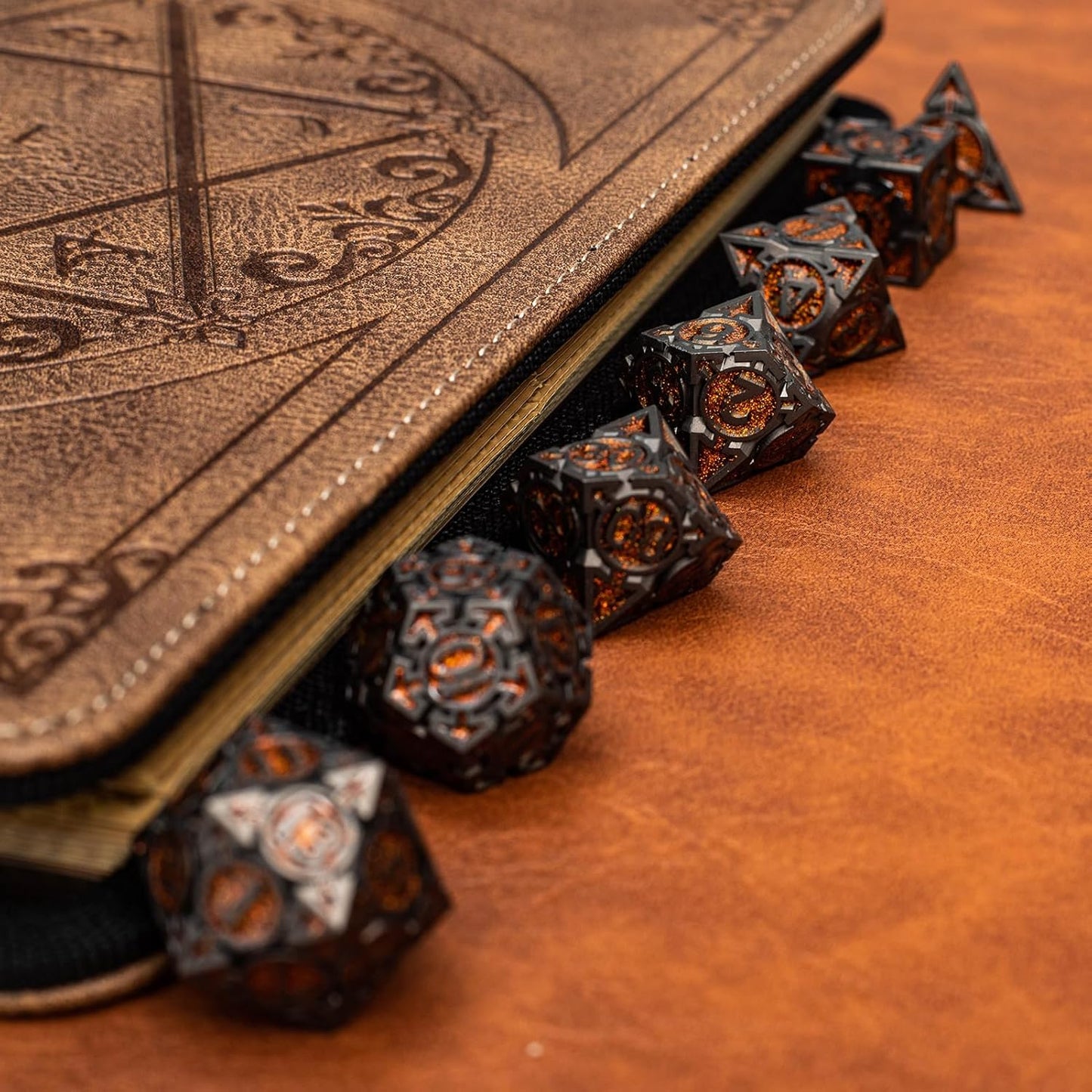 Orange Black Nickel Finish Heavy Metal DND Dice Set (Bard) with A Metal Box, Sharp Edge Zinc Alloy D&D Accessories, D4-D20, Designed for Dungeons & Dragons Master, RPG Player, Starter