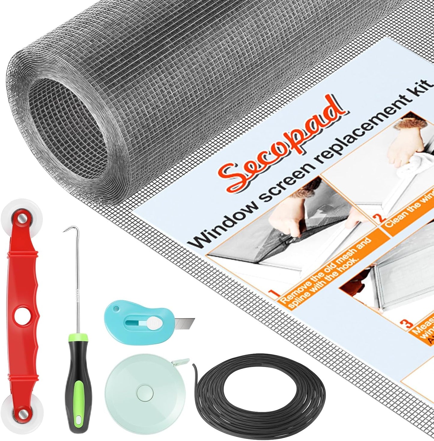 Window Screen Door Repair Kit, 59" x 159" Screen Door Mesh Replacement Kit, Durable Fiberglass Mesh Roll with Tools for Windows Doors Patio and Porch Replacement, Grey