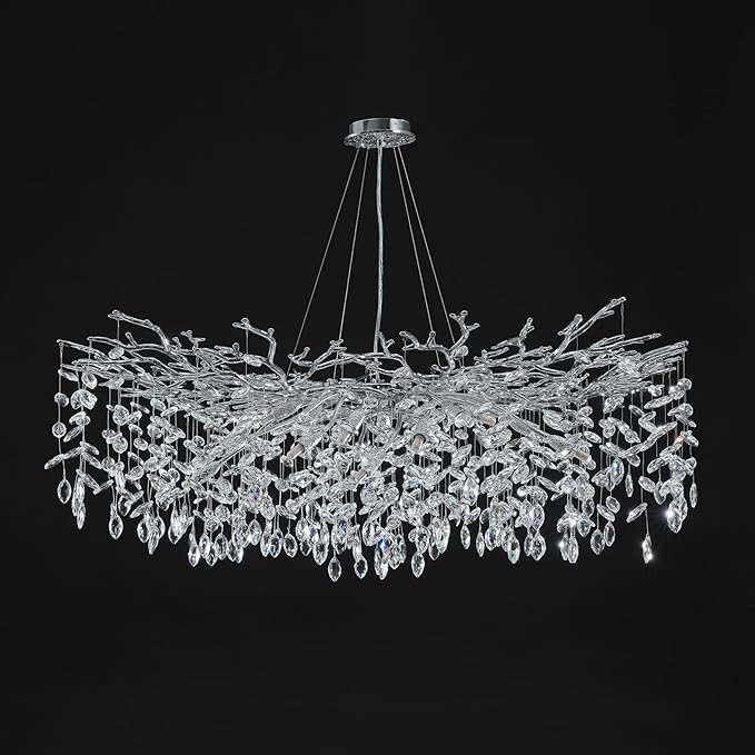 47" Silver Chandelier, 18-Light Modern Crystal Tree Branch Chandeliers, Luxury Round Chandelier for Dining Room, Living Room, Foyer, Entryway, Bedroom, Contemporary K9 Crystal Raindrop Light Fixture