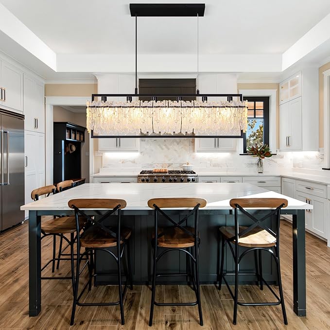 MantoLite Luxe Dining Room Light Fixture Farmhouse Crystal Chandeliers for Dining Room 32" Matte Black Rectangle Design 6-Light Banquet Pendant Light E12 3000K-6000K Compact for