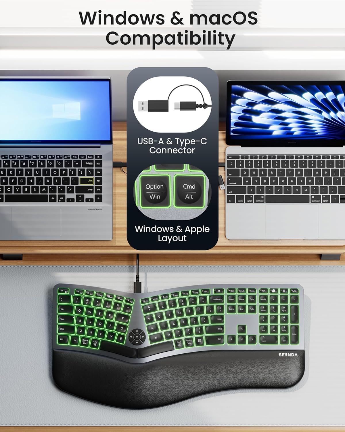 seenda 7-Color Backlit Wired Ergonomic Keyboard, KUW01 USB & Type-C Wired Split Keyboard, Cushioned Wrist Rest, Full Size with NumPad, Compatible for Windows, macOS, PC, Laptop, MacBook - Black Gray