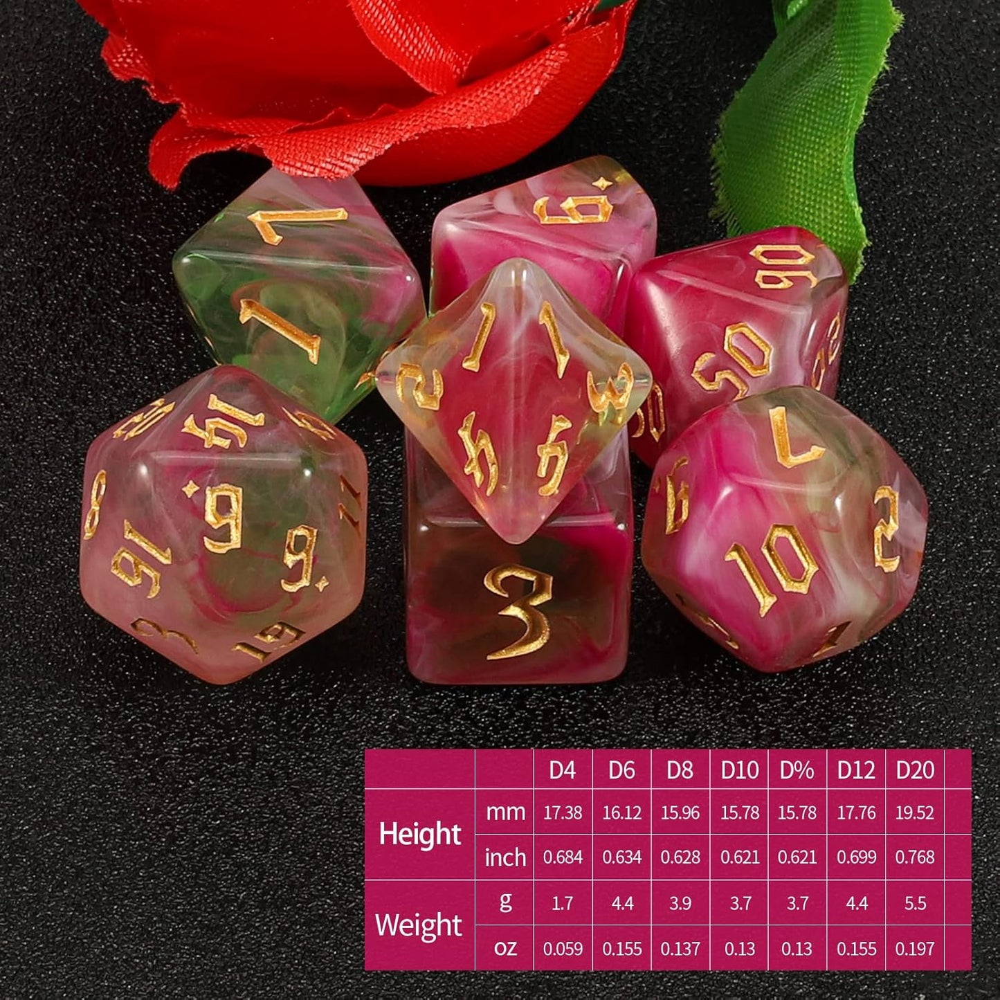 QMAY DND Dice Set -D&D Polyhedral Dice (7 Pcs) for Dungeons and Dragons (Pink Light Green)