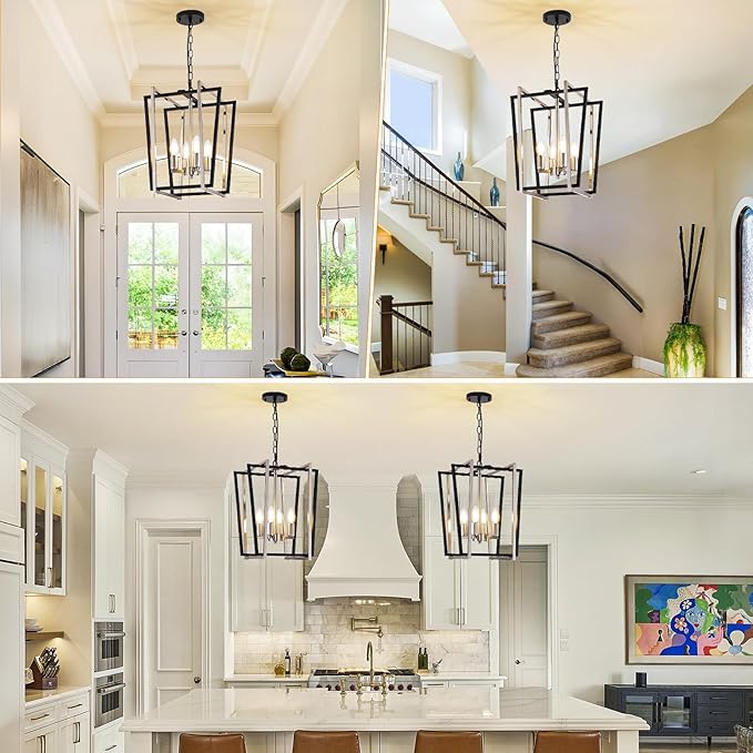 WJShome 4-Light Modern Chandelier, Farmhouse Dining Room Light Fixture Hanging Pendant Lights Kitchen Island, Black and Silver Lantern Pendant Light, Adjustable Height Entryway Chandeliers